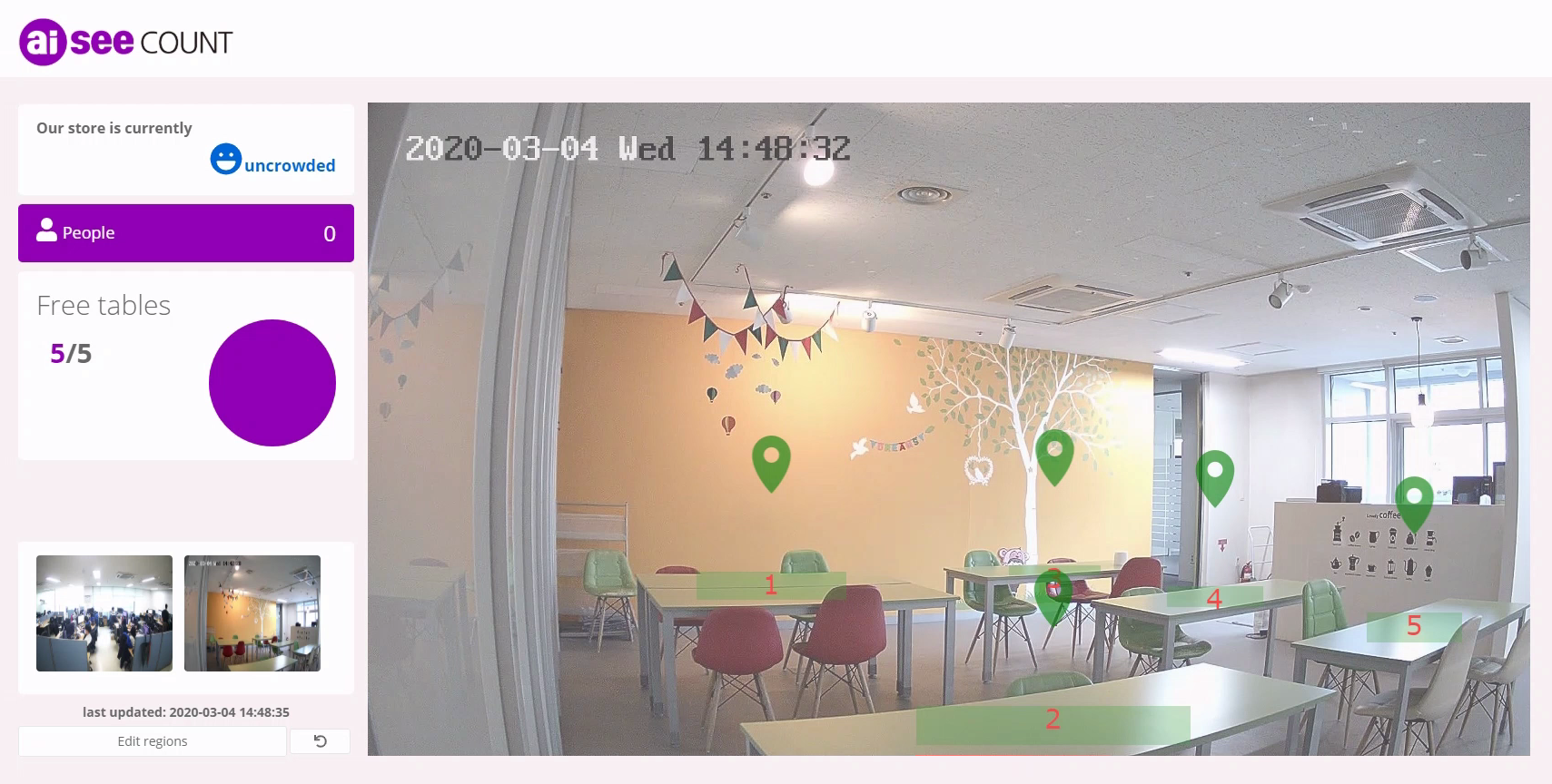 Count1 cometrue.ai AI CLOUD aiSee 人工知能基盤の顔認識サービス IPカメラ 顔検出 顔ランドマーク 顔属性分析 顔類似度分析 店舗内空きテーブルの数を確認, aiSee COUNT -en, cometrue.ai